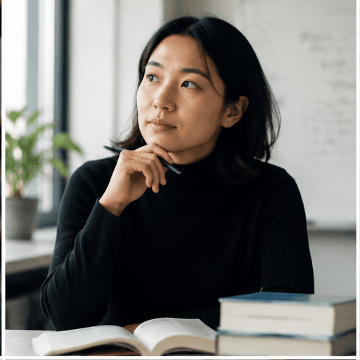 Portrait of a doctoral candidate in a black turtleneck, holding a pen, books in foreground.
