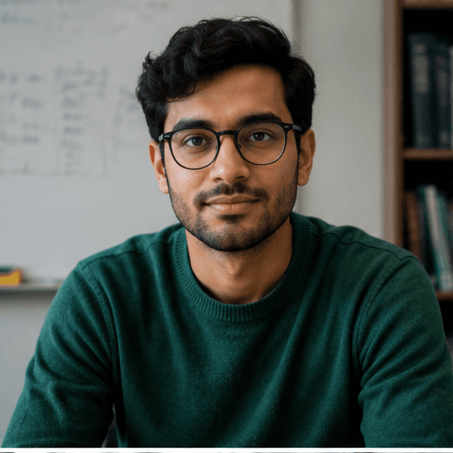 Portrait of a doctoral candidate in glasses and a green sweater, whiteboard with equations behind.
