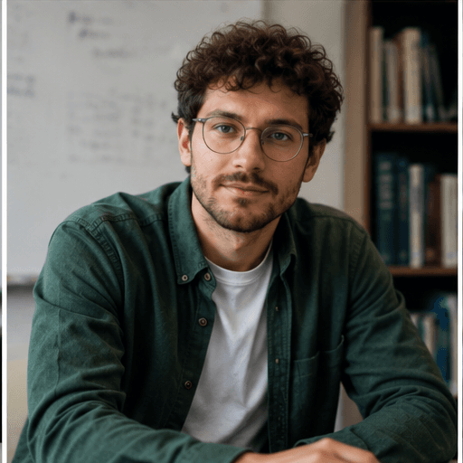 Portrait of a doctoral candidate with curly hair and glasses, green collared shirt over white tee.